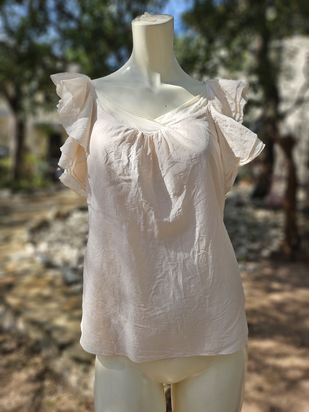 C. Luce Cream Tan Cotton Silk Layered Frilly Flutter Sleeve Blouse S